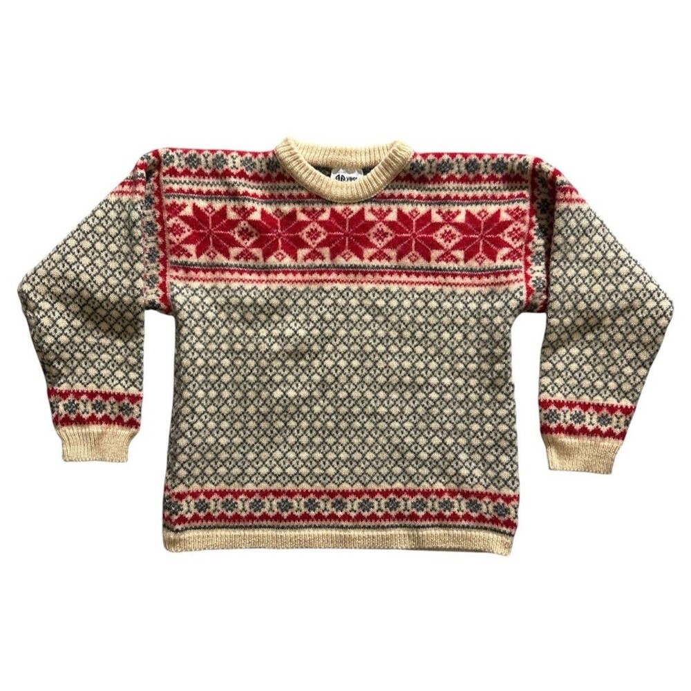 Vintage Voss Knit Wool Sweater Made In Norway White Red Winter Size XL Geometric